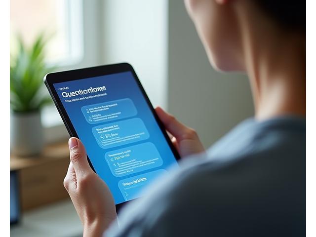 Una persona reflexiva completando un cuestionario digital sobre una tablet, simbolizando un autoevaluación de bienestar mental.