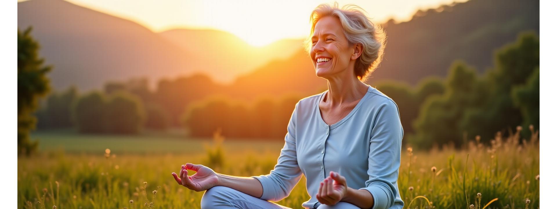 Mujer sonriendo pacíficamente mientras medita al amanecer, simbolizando la calma y el bienestar mental