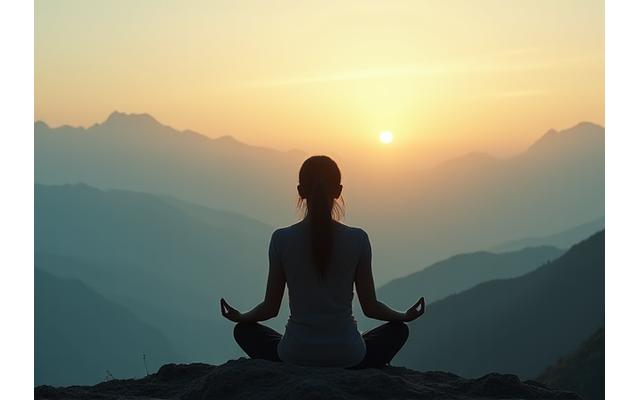 Vista aérea de una mujer meditando tranquilamente al aire libre, con vegetación exuberante alrededor y el sol suave, enfocada en la reducción del estrés.