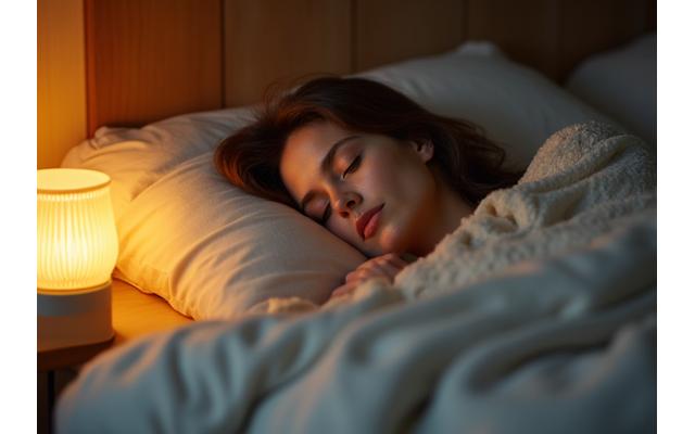 Una persona durmiendo plácidamente en una cama acogedora con sábanas suaves, luz tenue y una atmósfera de absoluto reposo, ideal para mejorar el sueño.