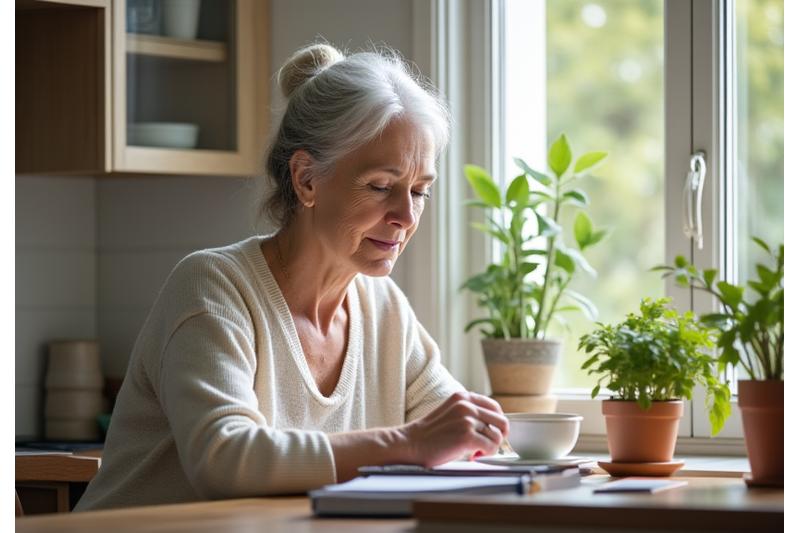 Una mujer adulta disfrutando de una taza de té con atención plena, sintiendo el calor y el aroma en un entorno tranquilo de hogar, simbolizando la integración del mindfulness en el día a día.