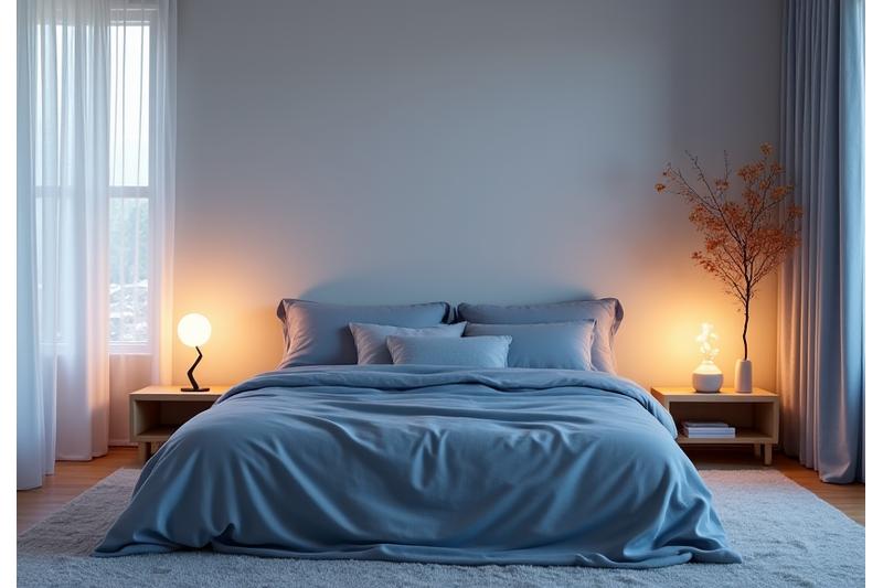 Una habitación serena con una cama bien hecha, luz suave de una lámpara de noche, y un ambiente tranquilo que invita al descanso profundo, simbolizando la optimización del sueño para la salud mental.