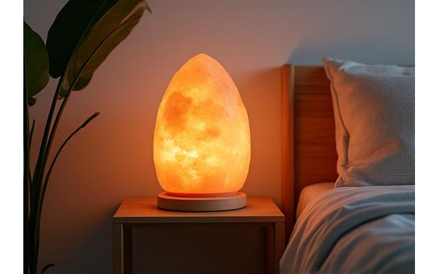 Lámpara de sal del Himalaya grande y brillante en un dormitorio sereno
