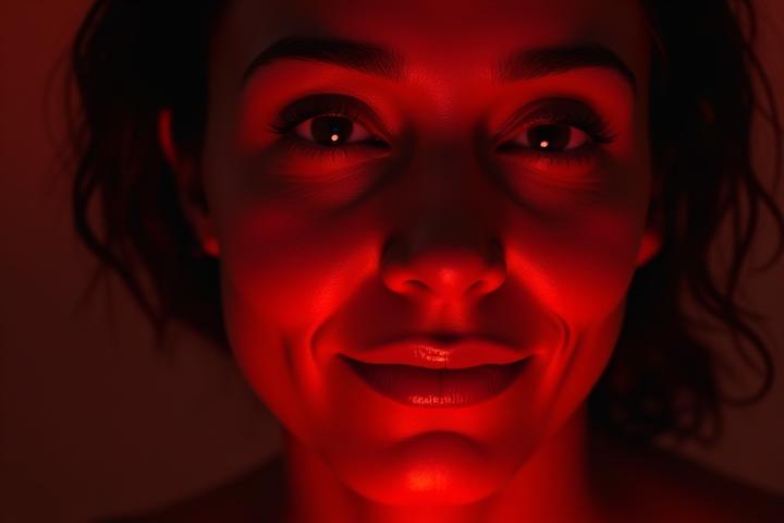 Mujer sonriente bajo una luz roja terapéutica en el rostro, con un brillo sutil y saludable en la piel