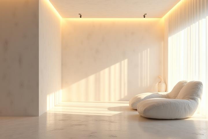 Interior de una sala de sal moderna y luminosa, con paredes de sal y asientos cómodos