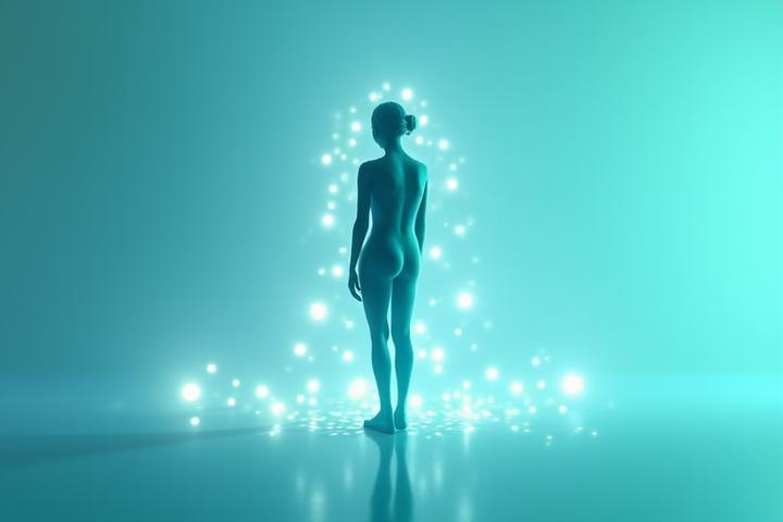 Representación futurista de tecnologías de bienestar sin contacto, con ondas de energía envolviendo a una persona relajada