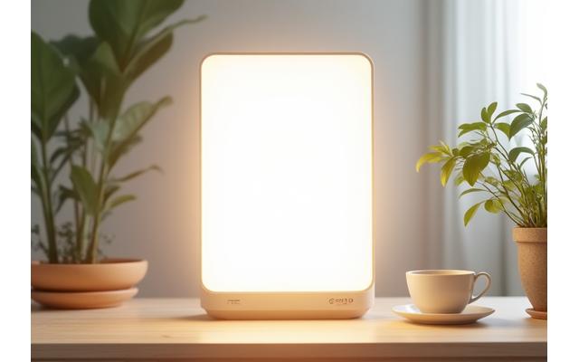 Lámpara de fototerapia de diseño moderno emitiendo una luz suave en un estudio brillante