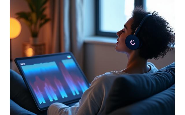 Dormitorio acogedor con una persona meditando con auriculares, rodeada de sutiles ondas sonoras digitales