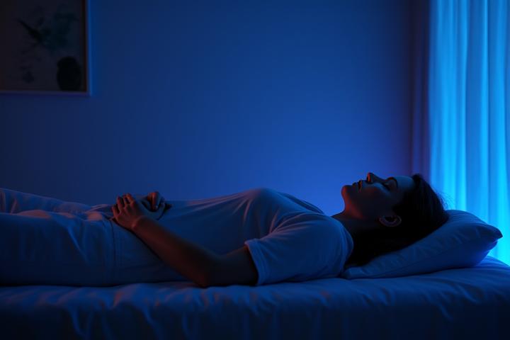 Persona flotando en un cojín ergonómico, rodeada de suaves luces y un sutil patrón de ondas sonoras