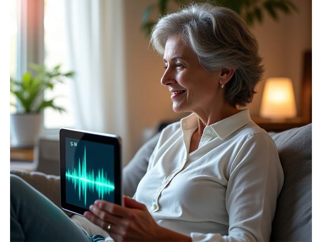 Mujer adulta sonriendo mientras lee en una tablet con gráficos de ondas de bienestar, rodeada de luz suave.