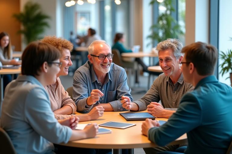 Grupo diverso de adultos interactuando y discutiendo animadamente alrededor de una mesa.