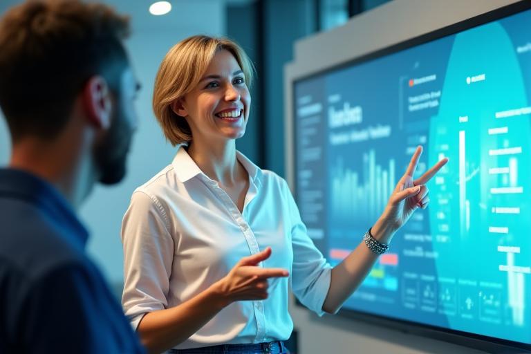 Una experta en bienestar sonríe mientras imparte una charla en línea, con gráficos y datos de bienestar en la pantalla.