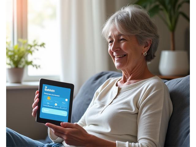 Mujer mayor sonriendo mientras usa una tablet para dejar un comentario en línea, con gráficos de satisfacción digital alrededor.