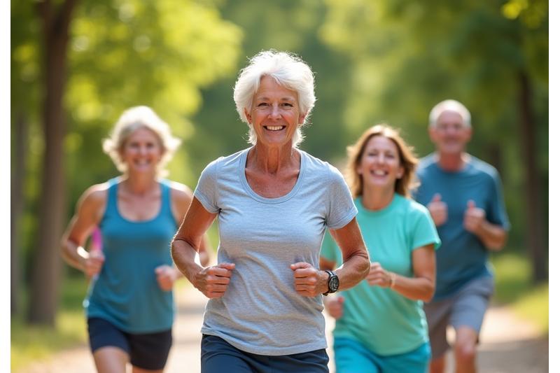 Grupo de adultos sonrientes y activos en un entorno natural participando en un desafío de fitness.