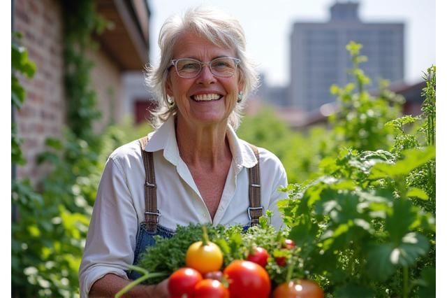 Ana S., de 48 años, muestra su huerto urbano y algunas verduras frescas.