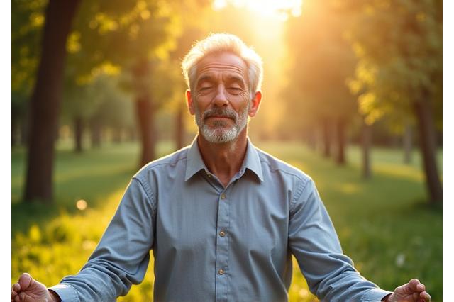 Carlos R., de 55 años, meditando tranquilamente en un parque soleado.