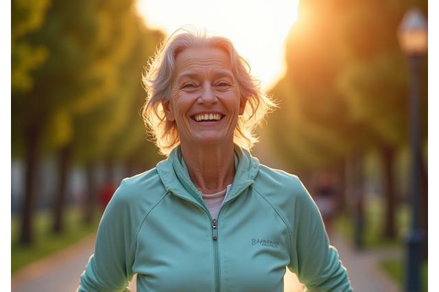 María P., de 62 años, sonriendo con energía después de un paseo matutino.