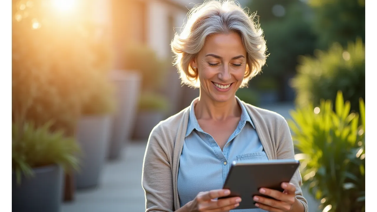 Mujer sonriendo y consultando su tablet en un entorno luminoso y natural