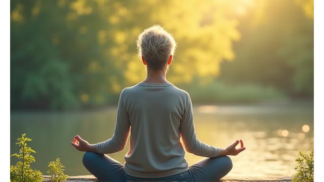 Persona meditando al atardecer