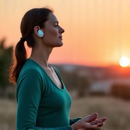 Persona meditando al aire libre con audífonos