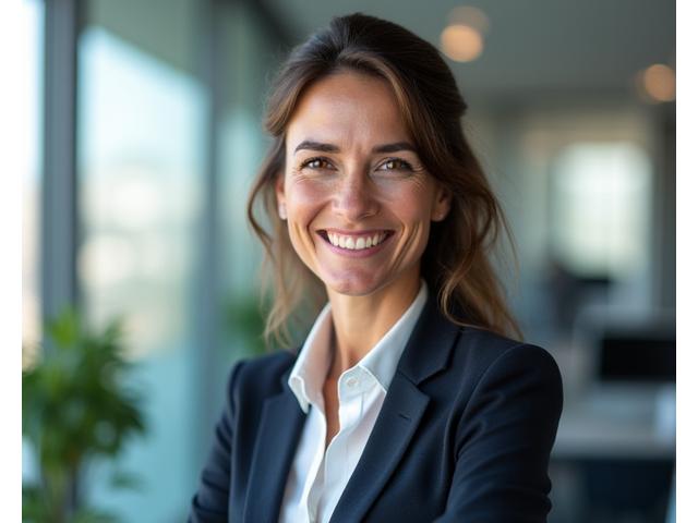 Retrato de Ana, una ejecutiva de 42 años, sonriente y relajada.
