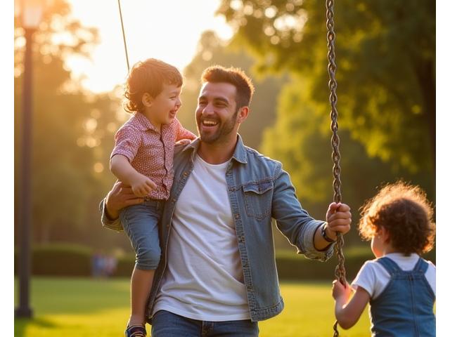 Retrato de Carlos, un padre de 38 años, jugando con sus hijos felizmente en un parque.