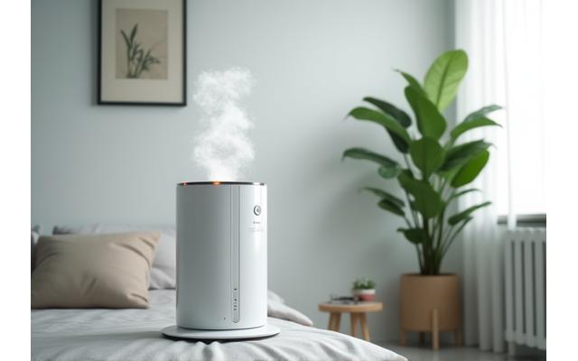 Purificador de aire moderno con un difusor de aroma sutil, creando un ambiente fresco y limpio en un dormitorio.