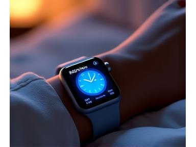 Primer plano de un Apple Watch Series 8 en una muñeca, mostrando una pantalla de seguimiento de sueño en azul y blanco.