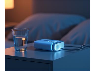 Dispositivo de monitoreo de apnea del sueño en una mesita de noche, con una máscara CPAP sutilmente visible.