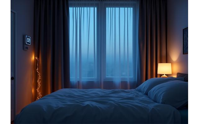 Un dormitorio moderno y sereno con iluminación tenue, termostato inteligente en la pared y cortinas opacas cerradas.