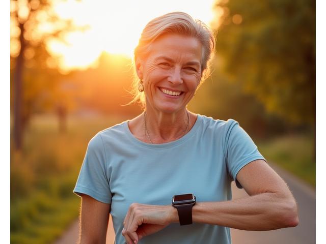 Mujer sonriente de 40s sosteniendo un smartwatch mientras camina al aire libre, con tecnología y naturaleza en armonía.