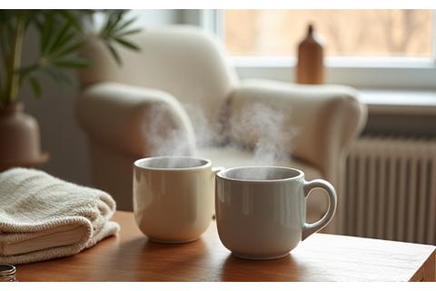 Tazas de té humeantes, mantas suaves y un libro, con una suave luz de invierno, simbolizando el confort y bienestar en invierno.