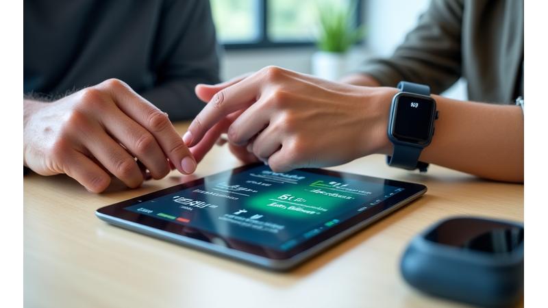 Manos de dos personas mayores revisando datos de salud en una tablet y un smartwatch, simbolizando el proceso de evaluación de productos.