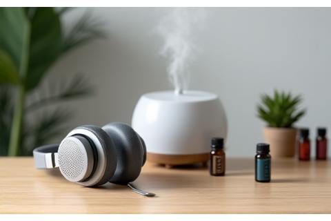 Un auricular premium de cancelación de ruido junto a aceites esenciales en un escritorio de madera, representando la tecnología y la aromaterapia para la relajación.