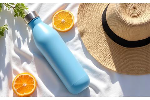 Una botella de agua reutilizable elegante, fruta fresca y un sombrero de ala ancha sobre una toalla de playa, representando el bienestar en verano.