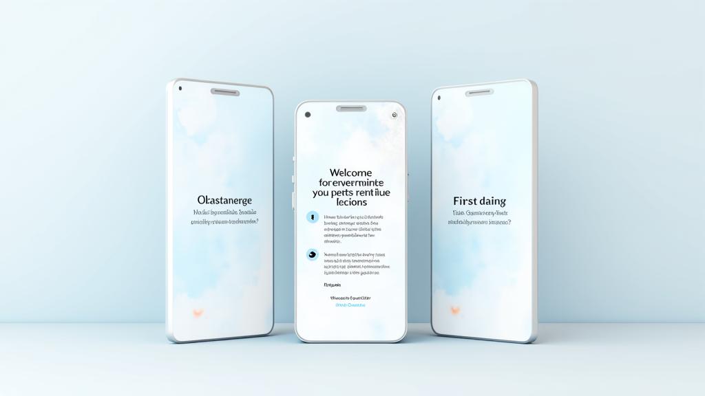 Serie de pantallas de la aplicación que muestran el flujo de onboarding simplificado, paso a paso.