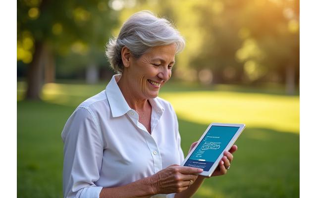 Mujer mayor de 35 años feliz usando una tablet en un parque, sonriendo. Representa la facilidad de la tecnología para el bienestar.