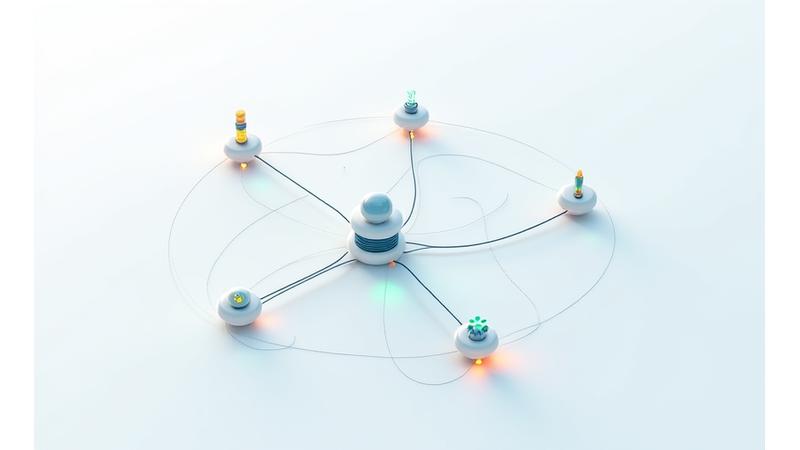 Diagrama abstracto que representa un flujo de innovación continua con iconos de usuario, ciencia y seguridad interconectados.