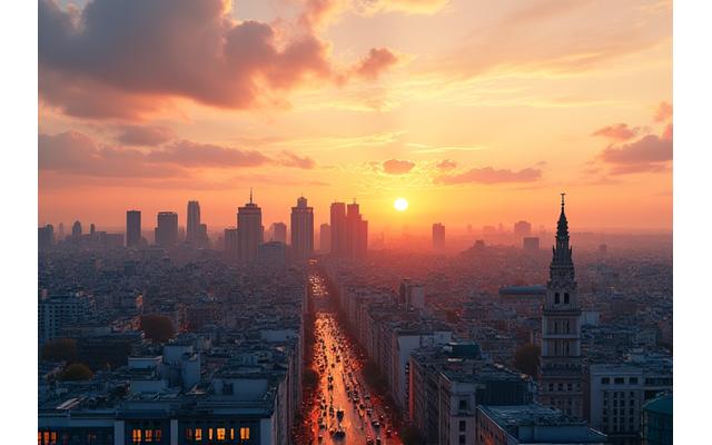 Skyline de Madrid al atardecer, con edificios modernos y el Palacio Real, representando el compromiso local de Luz Consciente.