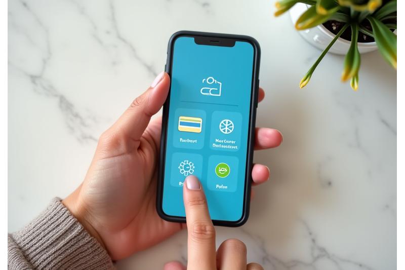 Una mano adulta interactuando con un smartphone mostrando iconos de pago y un símbolo de reembolso, con un fondo suave de bienestar.