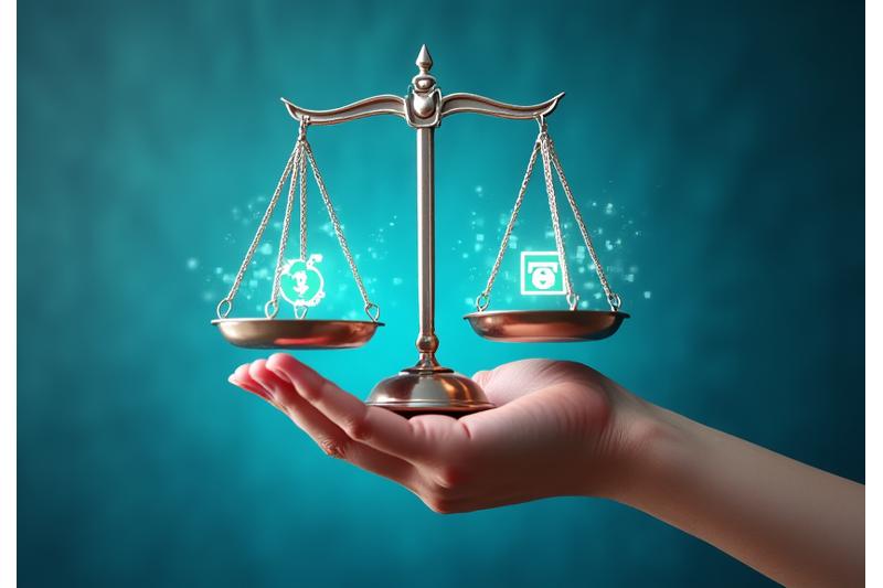 Mano sosteniendo una balanza digital con símbolos de responsabilidad, representando el equilibrio entre derechos y deberes.