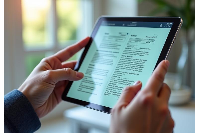 Documento legal abierto en una tablet, con manos de un adulto leyendo atentamente.